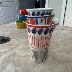 Anthropologie Set Of 3 Tall Ceramic Hand Painted Nesting Measuring Cups